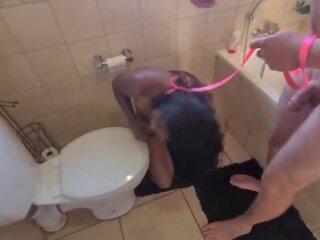 Human toilet indian slattern get pissed on and get her head flushed followed by sucking dick