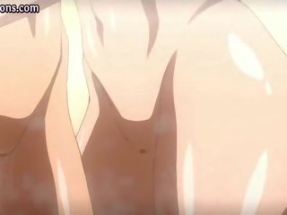 Two busty anime babes licking manhood